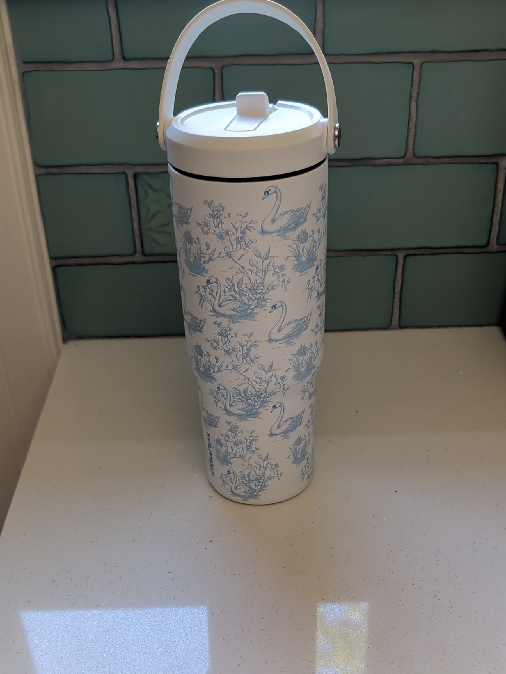 White and Light Blue Swan-Print Insulated Tumbler with Handle